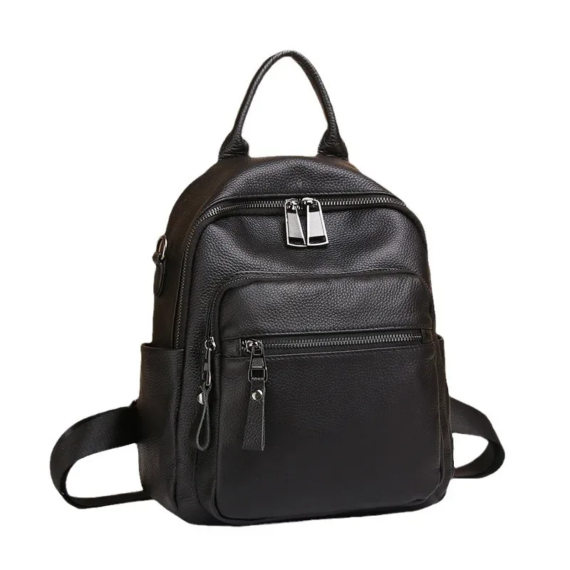 sac à dos en cuir véritable noir pour femme, sac à dos décontracté pour femme, antivol, sac de voyage initié, motif solide, sac à dos scolaire pour fille