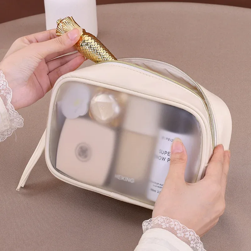 sac à cosmétiques semi-transparent en pvc mat - organisateur de maquillage de luxe grande capacité, trousse de toilette de voyage pour femmes