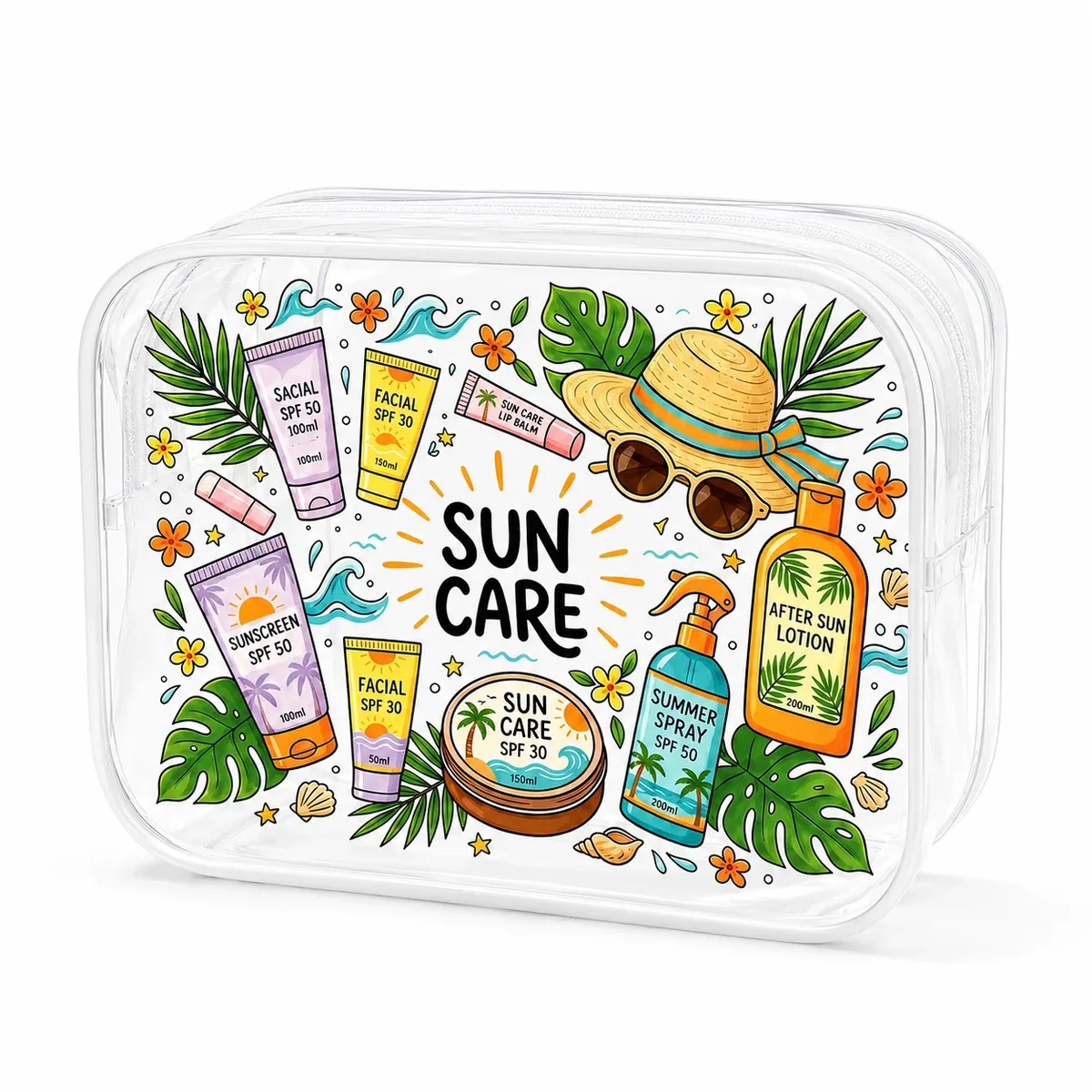 trousse de toilette transparente en pvc imprimée sun care, pochette de voyage imperméable pour cosmétiques, organisateur de maquillage pour femme, rangement pour soins de la peau à la plage