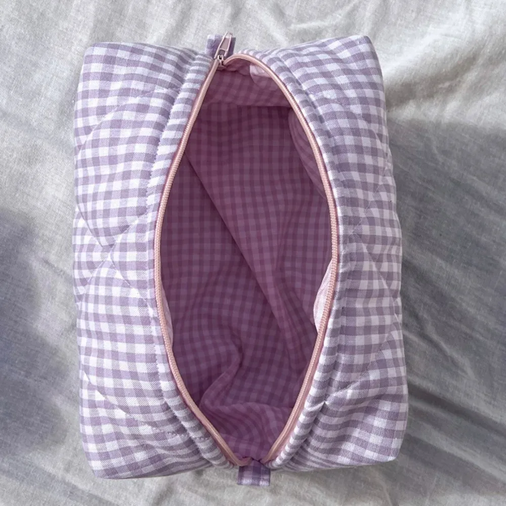 trousse de maquillage en coton matelassé, trousse de toilette portable à carreaux avec fermeture éclair, grande capacité, poudres de soin de la peau, voyage
