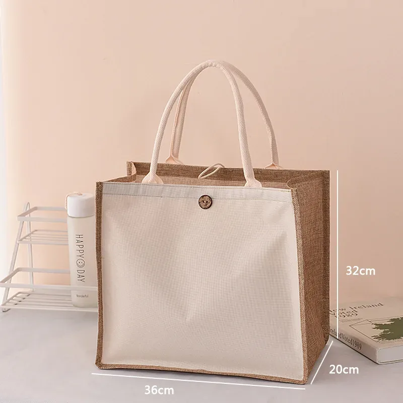 sac fourre-tout en toile de jute avec bouton pour femme, sac à main cadeau de grande capacité, respectueux de l'environnement, sac à provisions réutilisable, sac en chanvre