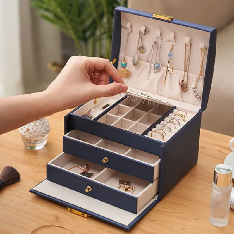 organisateur voyage bijoux pu rose vert marine compartiment tiroirs poignées elégantes stockage cosmétiques femmes travail vacances