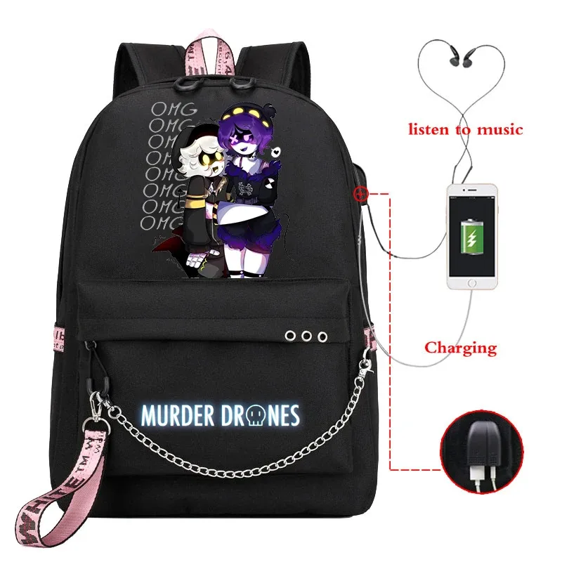 sac dos toile dessin animé personnages colorés logo murder drones chaîne métallique câble usb voyage capacité 20 35 litres
