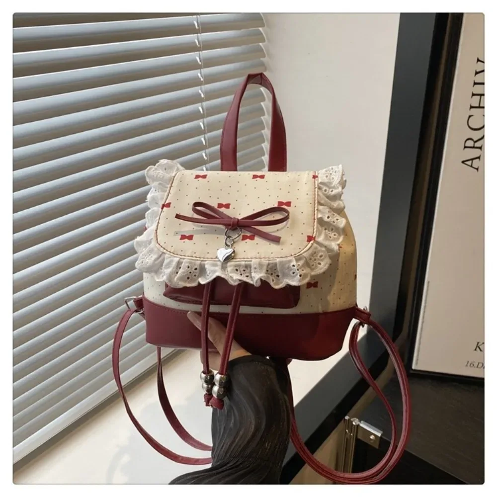 sac à dos mini léger à nœud papillon et dentelle tendance, motif pois, petit sac à livres pour femme
