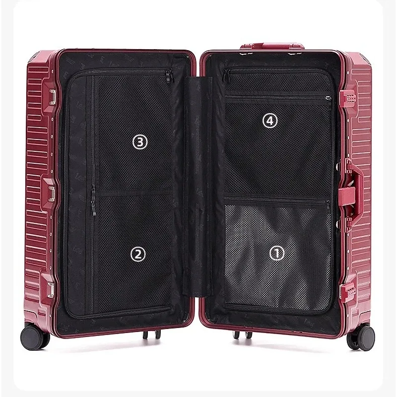 valise de voyage de grande taille, cadre en aluminium, valise à roulettes avec roulettes, bagage à main avec porte-gobelet, boîte à mot de passe