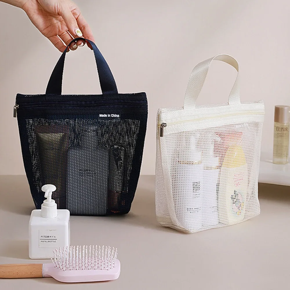 sacs de rangement de maquillage et de toilette en maille, sacs à main portables de voyage, lavage du corps, outils de douche, organisateur suspendu, pochette de rangement de cosmétiques