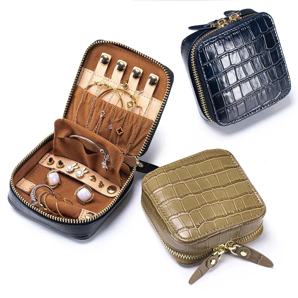 Organisateur Bijoux Cuir Crocodile Marron Noir Beige Velours Brun Compartiments Pliable Extensible Cosmétiques Pliant Rangement Voyage