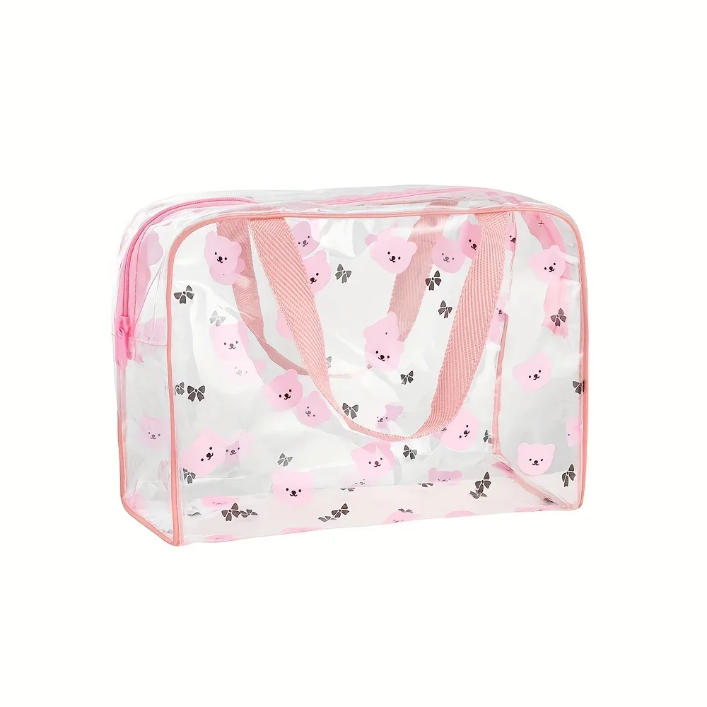 trousse toilette pvc motif ours papillons rose cosmétiques maquillage voyage grande pochette transparente compartiments poignées
