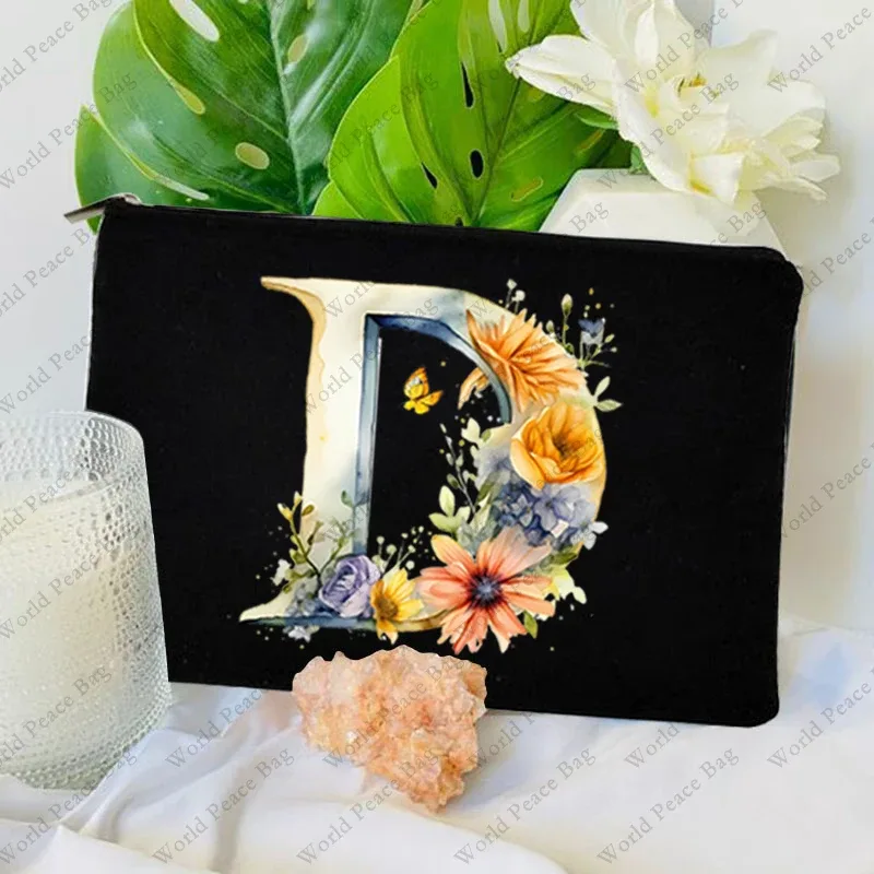 trousse toilette toile noire initiale fleurs maquillage femmes voyage sac cosmétiques intérieur uni poignée glissière