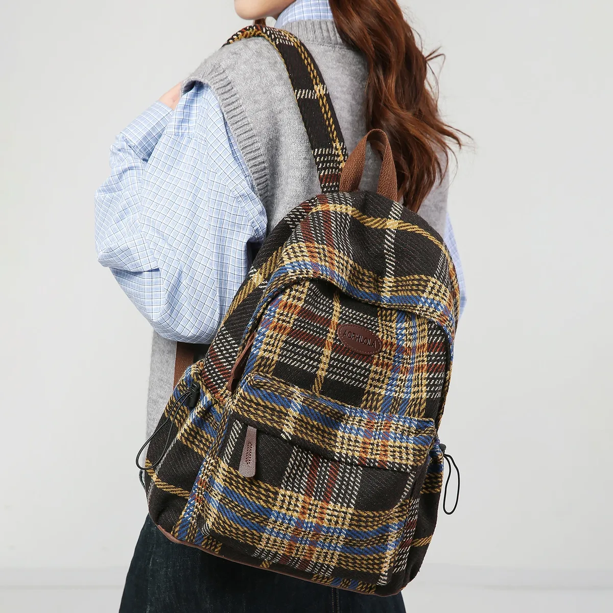 toile de laine motif damier femme sac à dos école livre sacs pour adolescentes garçon femme collège sac étudiant loisirs bagpack