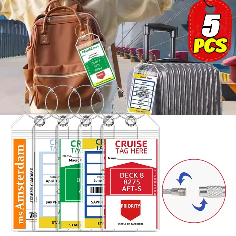étiquette bagage pvc transparent vert blanc anneaux métalliques poche zippée voyage croisière identification valise nom adresse