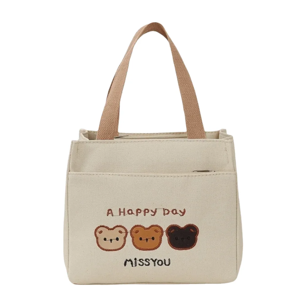 sac fourre-tout brodé avec 3 ours mignons, fermeture à glissière, grande capacité, sac à déjeuner en toile, sac à main léger réutilisable pour pique-nique