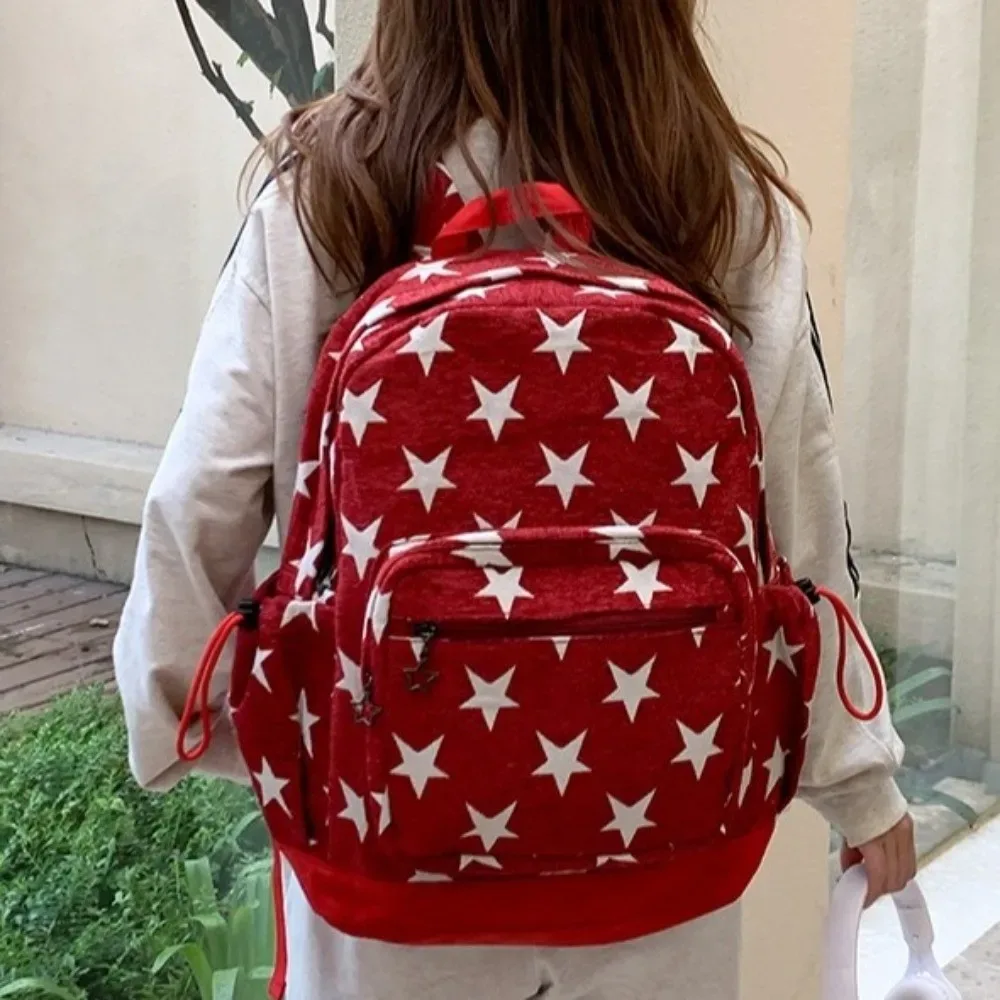 sac à dos à rayures grises de style coréen, multi-poches, léger, imprimé étoiles, bretelles réglables, pour les trajets quotidiens
