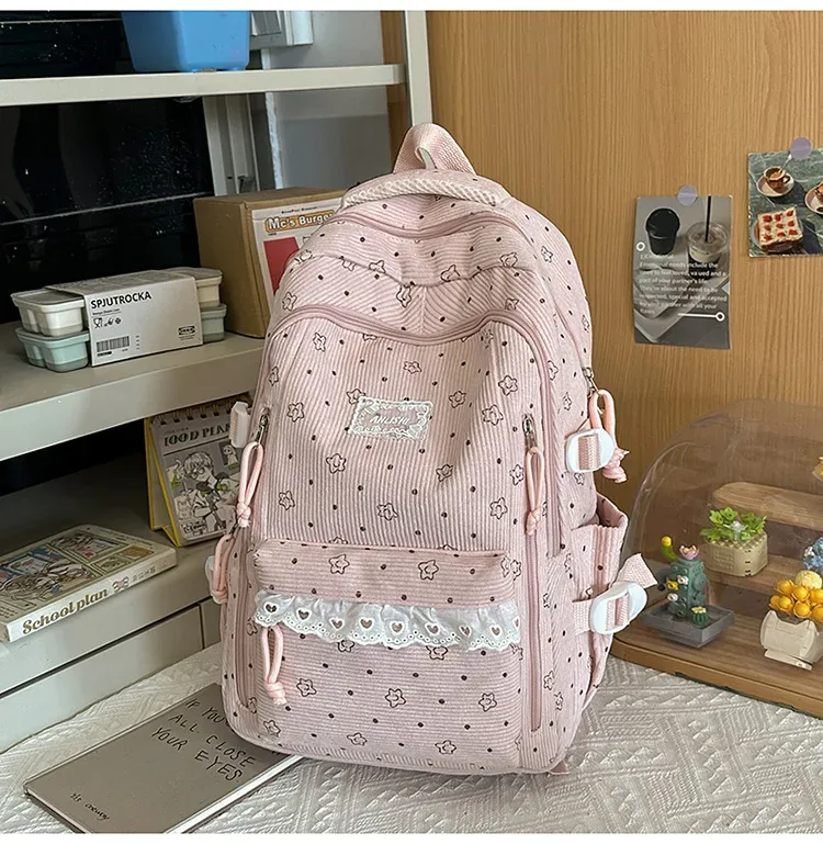 sac à dos d'hiver en velours côtelé, imprimé étoiles coréennes, avec dentelle, mignon, style mori girl, artistique, pour collégiennes