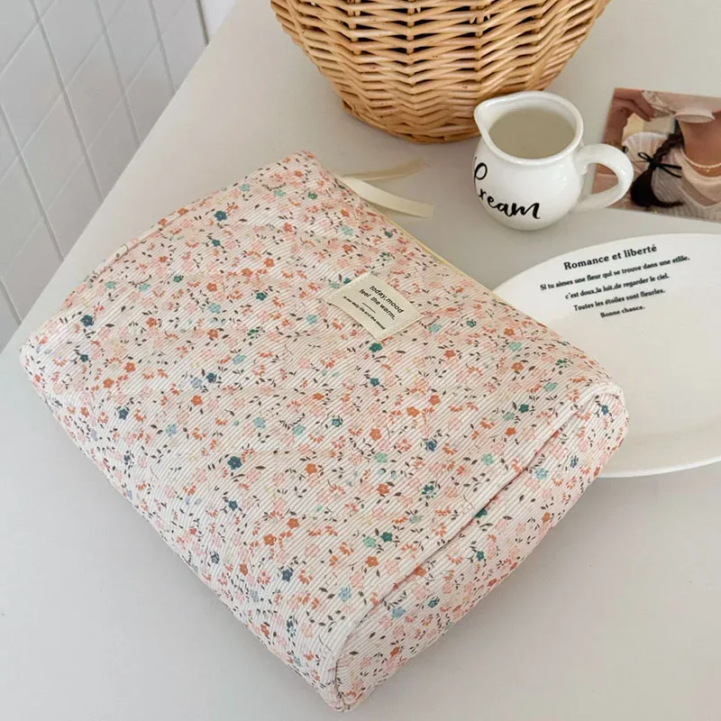 sac à cosmétiques vintage en velours côtelé pour femmes, sacs de rangement de voyage rétro pour dames, sacs à main portables, trousse de maquillage, pochette