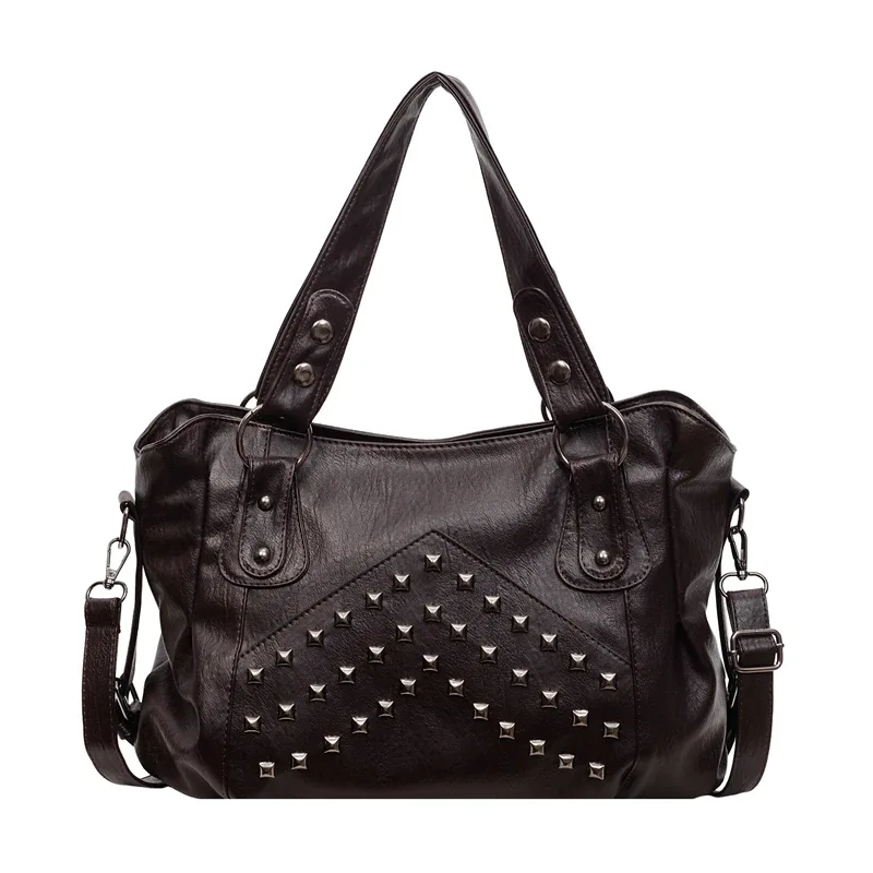 sacs à main rivet punk grande capacité, sacs fourre-tout décontractés en cuir souple de qualité supérieure, sacs à bandoulière pour le quotidien, les trajets et les voyages