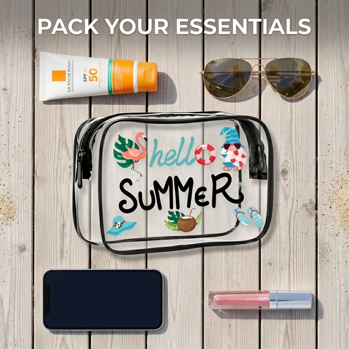 trousse toilette pvc transparent motif hello summer bleu flamants roses lunettes soleil chaussons voyage cosmétiques maquillage