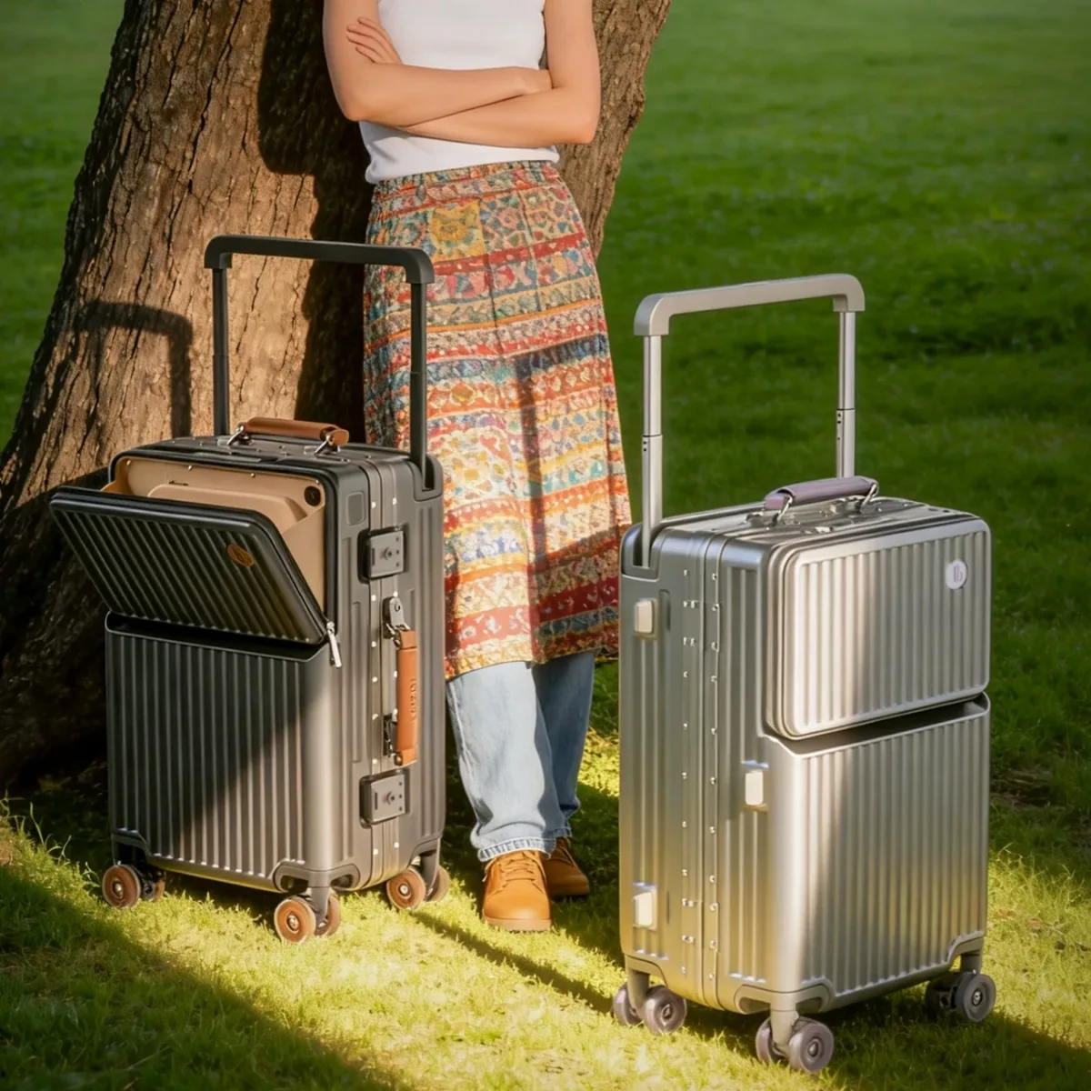 valise à ouverture frontale avec poignée large, cadre en aluminium, serrure tsa, coque rigide, bagage à roulettes 20 pouces, bagage cabine pour voyage