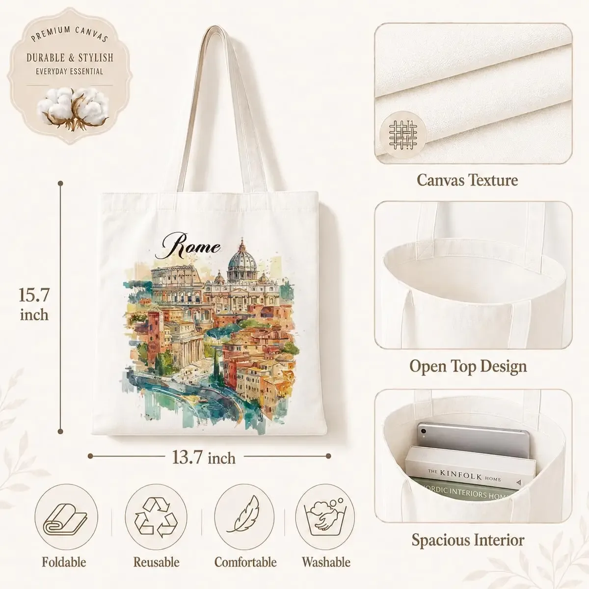 sac fourre-tout en toile aquarelle rome, imprimé paysage urbain italien, réutilisable, écologique, sac à bandoulière pour le shopping, cadeau de voyage