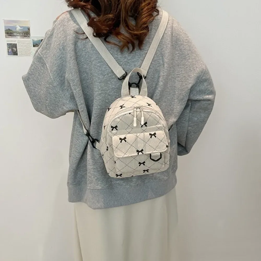 Mini sac à dos en velours côtelé avec nœud imprimé, sac à bandoulière léger, style coréen, sac à dos à plusieurs nœuds pour adolescentes