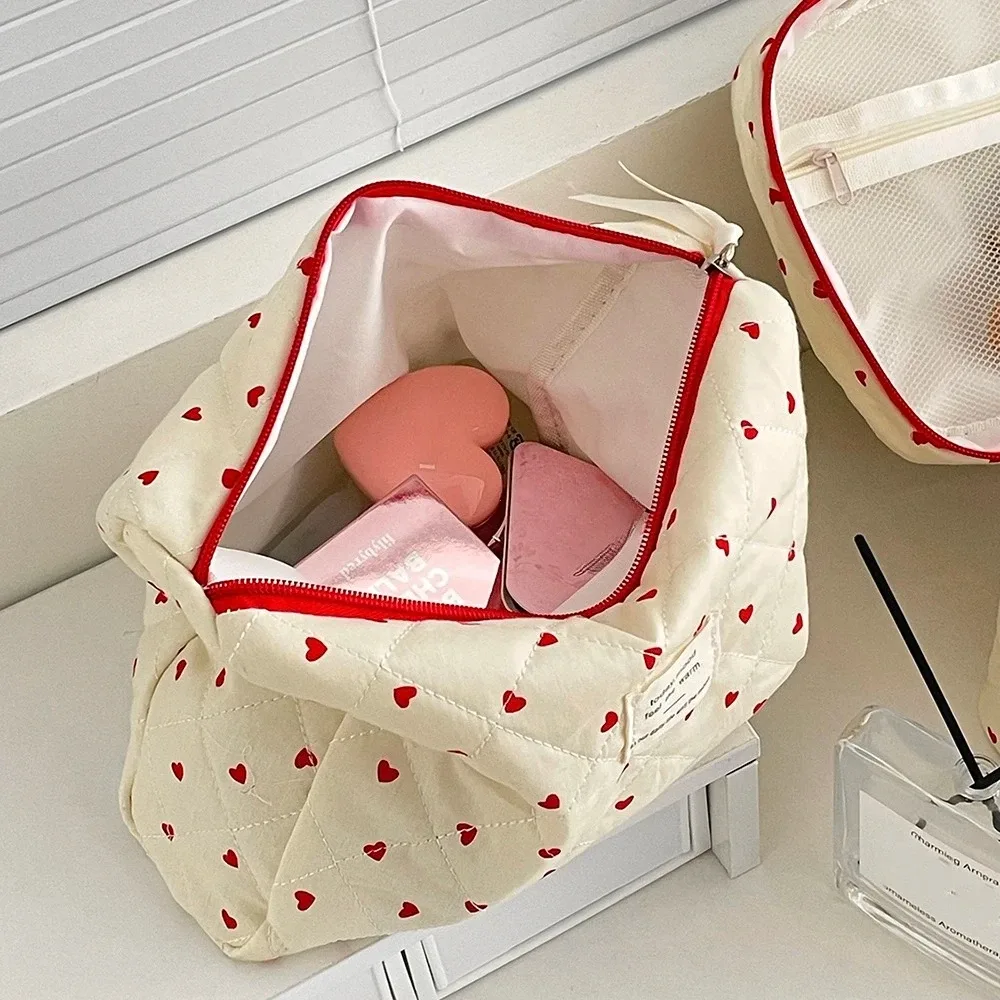 mode ins coeur femmes quilting sac de maquillage grande capacité toilette cosmétique pochette de rangement sac à main dames fermeture éclair sac de maquillage