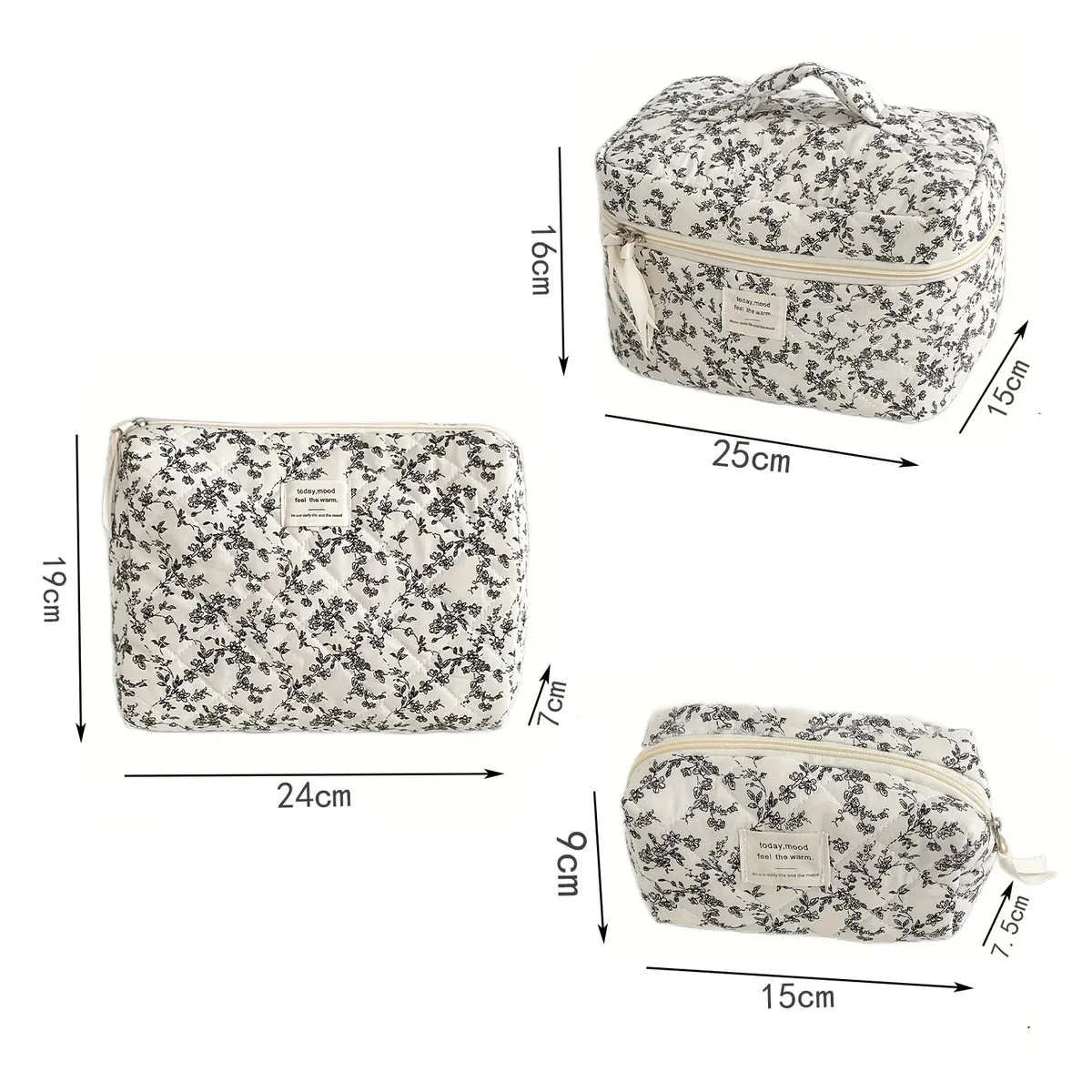 sac à cosmétiques en coton à fleurs noires pour femmes, 1 pièce, sacs de rangement en tissu, petite pochette de voyage de grande capacité, étui de maquillage pour femmes