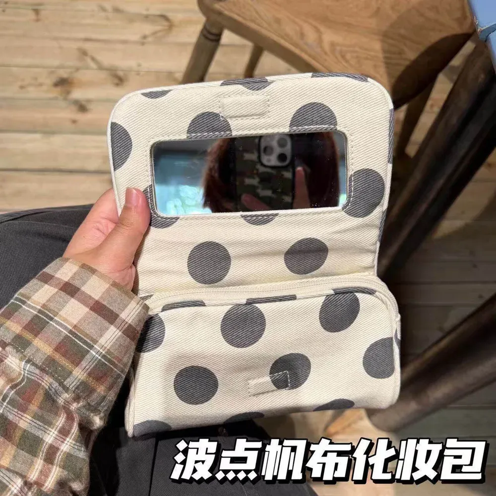 Nouvelle trousse de maquillage en toile à pois avec miroir intégré, pochette de voyage portable pour cosmétiques, sac à main mignon pour femmes, organisateur de rangement pour maquillage