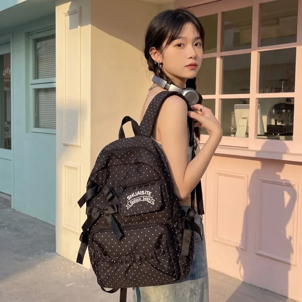 sac à dos en nylon à pois avec nœud, grande capacité, fermeture éclair, sac d'école multi-compartiments, doublure en polyester, sac à dos de voyage pour l'extérieur