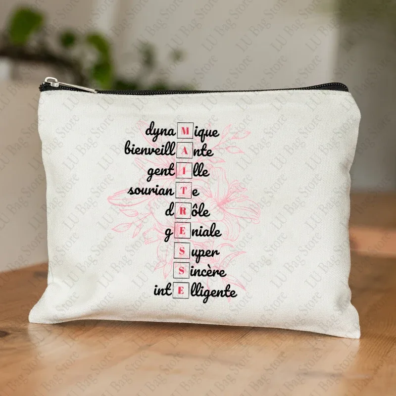 trousse de maquillage pour femmes, thème enseignant, étui à cosmétiques inspiré de maitresse avec motif éducatif de conception de style français, portefeuille pour le travail ou l'école