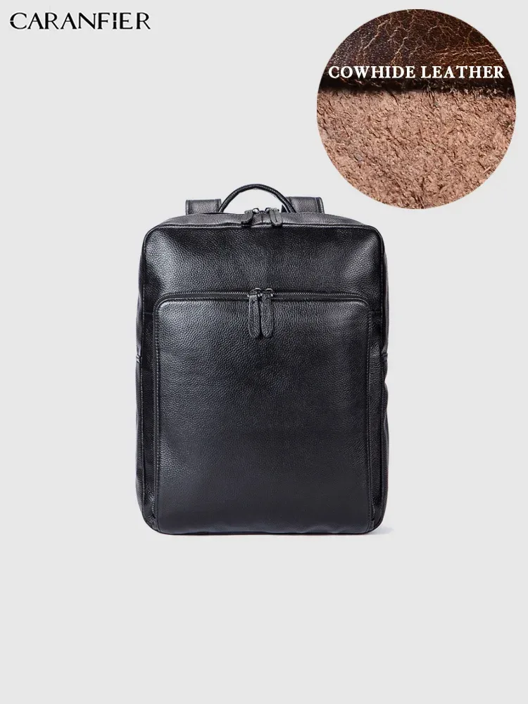 sac dos cuir vache noir forme rectangulaire bords arrondis poignées retractables bandoulière arquée fermeture éclair polyester intérieur informatique usage voyage business casual vintage classic