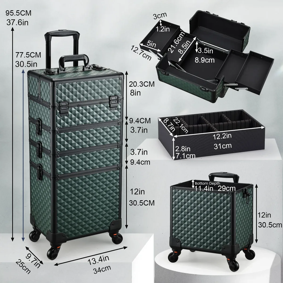 valise de maquillage professionnelle 4-en-1 sur roulettes, trolley de cosmétologie, mallette de maquillage à roulettes, boîte à cosmétiques amovible, valise de voyage pour maquillage avec rangement pour clés, chariot de voyage, chariot à maquillage sur roulettes, coffre de rangement extra large pour maquillage, ongles et coiffure, mallette rigide pour maquillage