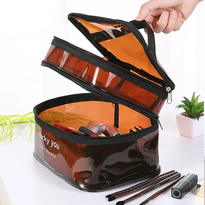 Trousse de maquillage transparente en PVC pour femme, trousse de toilette étanche, trousse de maquillage de voyage, trousse de rangement de lavage de beauté, trousse de maquillage à fermeture éclair