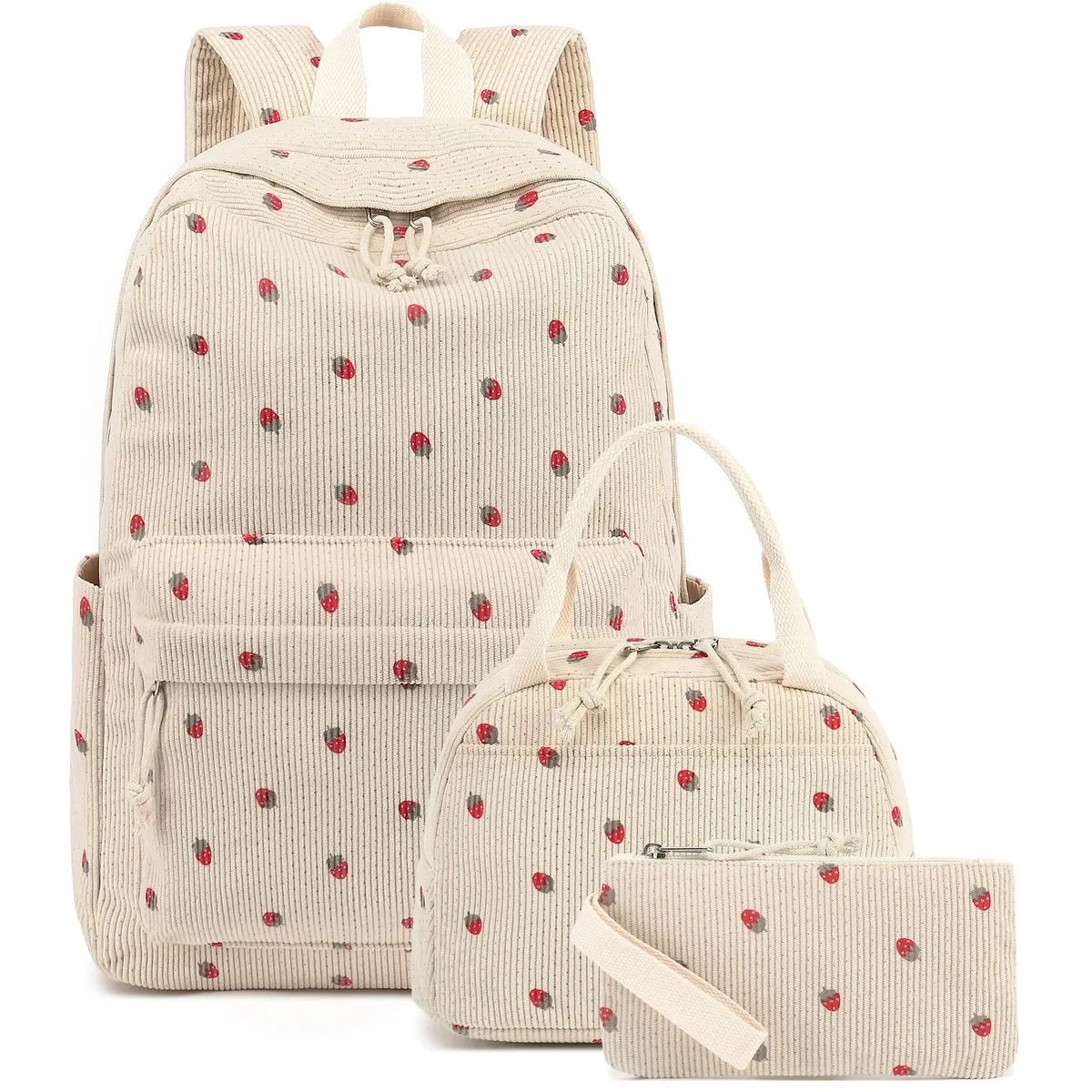 Ensemble de 3 sacs à dos en velours côtelé motif fraise – Polyvalent, décontracté, pour voyage et école – Grande capacité et léger pour l'usage quotidien des étudiants