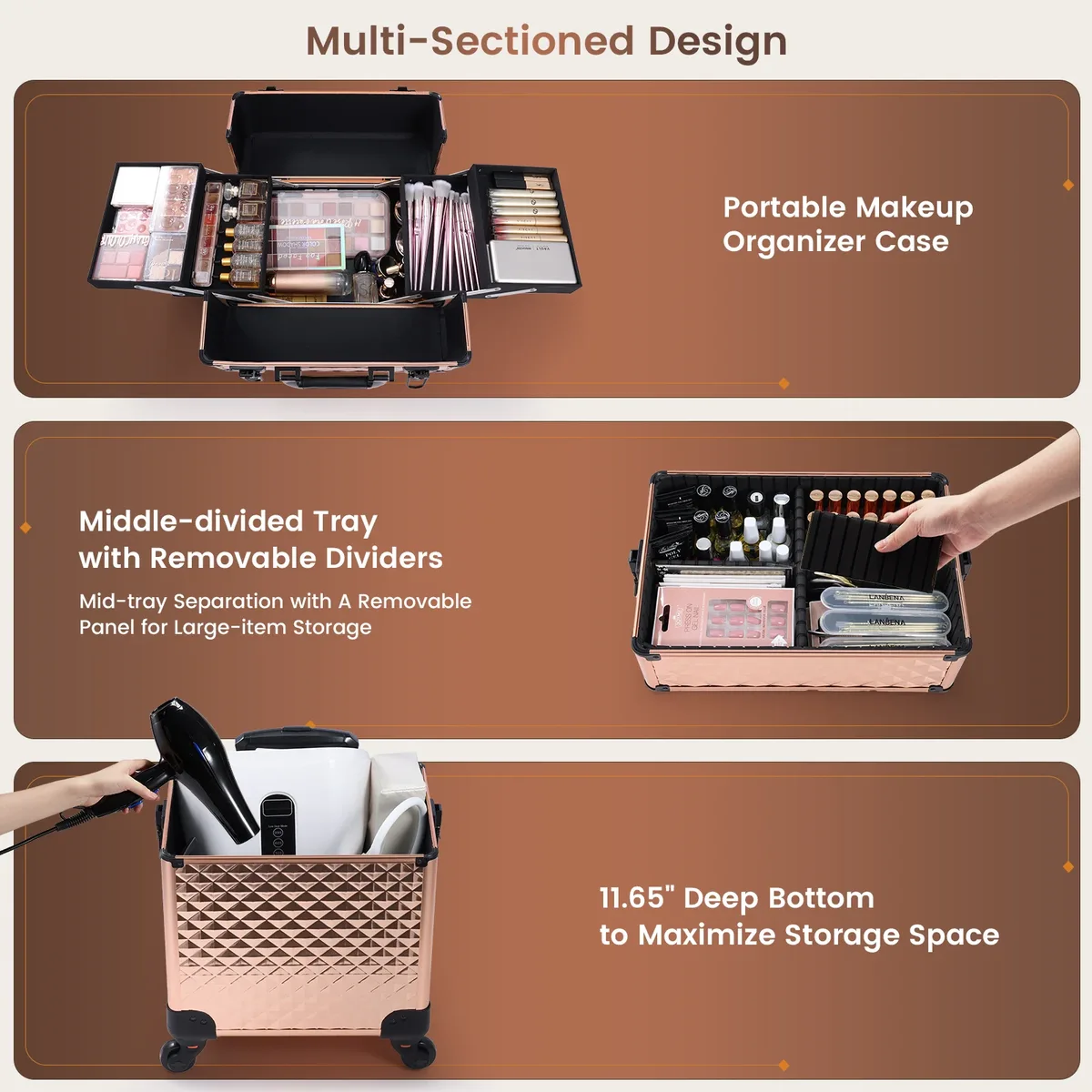 valise de maquillage 3-en-1 à cadre en aluminium, avec 4 plateaux, sur roulettes, portable, pour cosmétologie, coiffure et outils de manucure, avec organisateurs de rangement