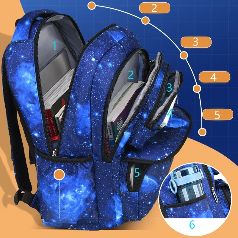 sac à dos pour adolescents, imprimé ciel étoilé, sac à bandoulière pour enfants, sac d'école étanche, sac à dos de sport et de voyage, plusieurs poches