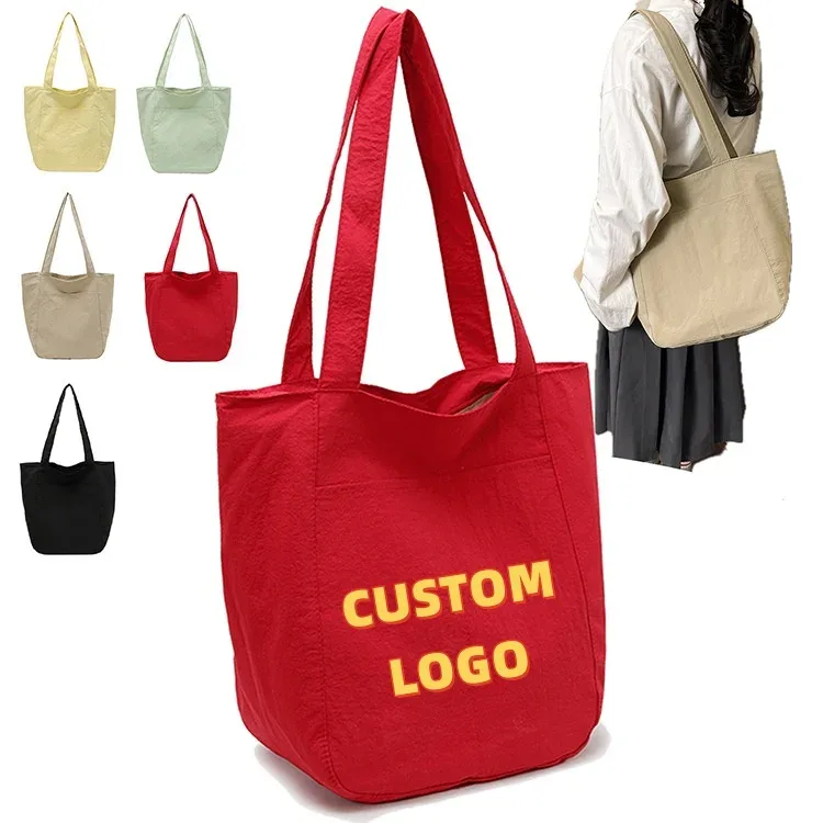 sac fourre-tout en coton lavé avec logo personnalisé, grand sac à bandoulière en toile souple, réutilisable, pour le shopping, les sorties quotidiennes, l'école et les voyages