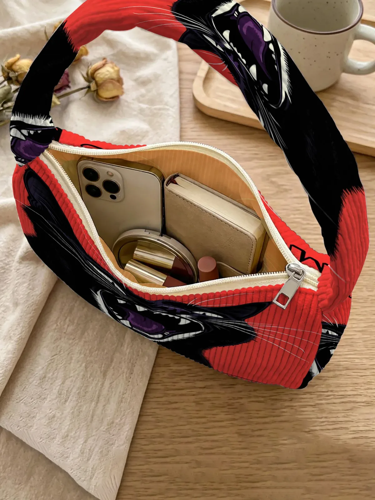 sac à bandoulière tendance imprimé chat noir en colère, sac sous le bras en velours côtelé pour un usage quotidien décontracté