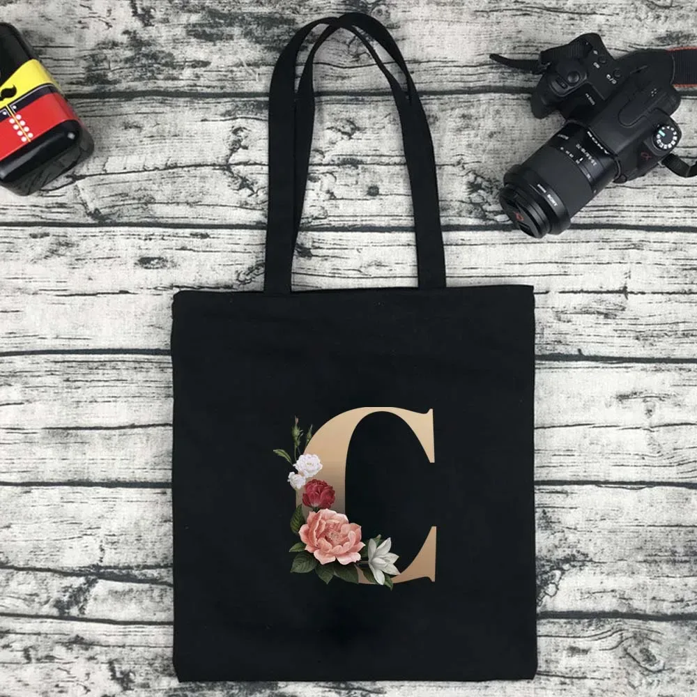 sac de shopping écologique pour femmes, sac à bandoulière portable pliable noir, sac à main réutilisable de grande capacité avec lettres, fourre-tout bolsos