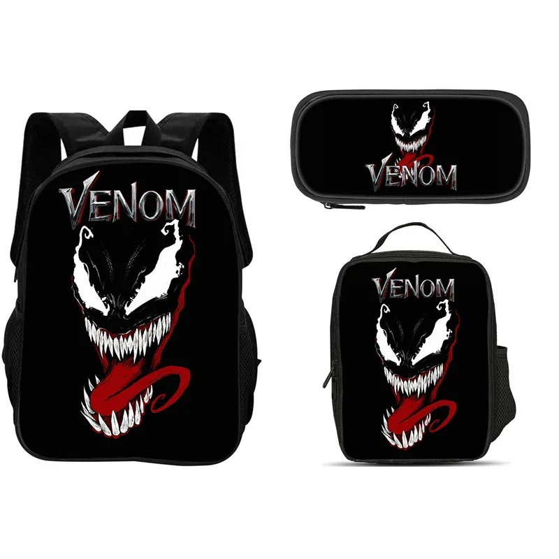 ensemble de 3 pièces du film venom : sac à dos + sac à lunch + trousse à crayons, papeterie de voyage à la mode, cadeau pour enfants, école, polyvalent