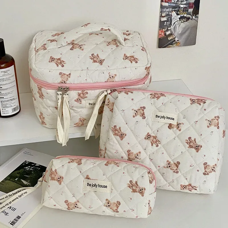 sac de maquillage ours de dessin animé pour femmes, grande capacité, mignon organisateur de voyage, pochette matelassée, sac à main de rangement de toilette pour dames