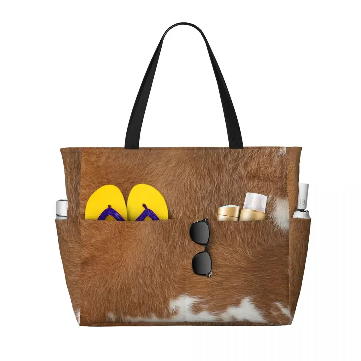 sac de plage élégant en fourrure de vache, texture cuir de vache, motif imprimé peau de vache, sac de yoga, grand sac fourre-tout, sac de voyage pour femme, sac de fitness