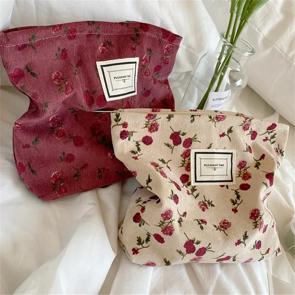 sac à cosmétiques en velours côtelé de grande capacité pour femme, trousse de maquillage à fermeture éclair, pochette de rangement de cosmétiques de voyage portable