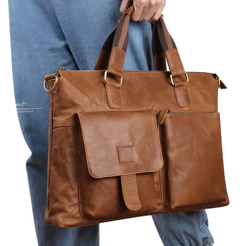 porte-documents d'affaires en cuir véritable pour hommes, sac pour ordinateur portable de 17 pouces, épaule horizontale, couche supérieure en peau de vache