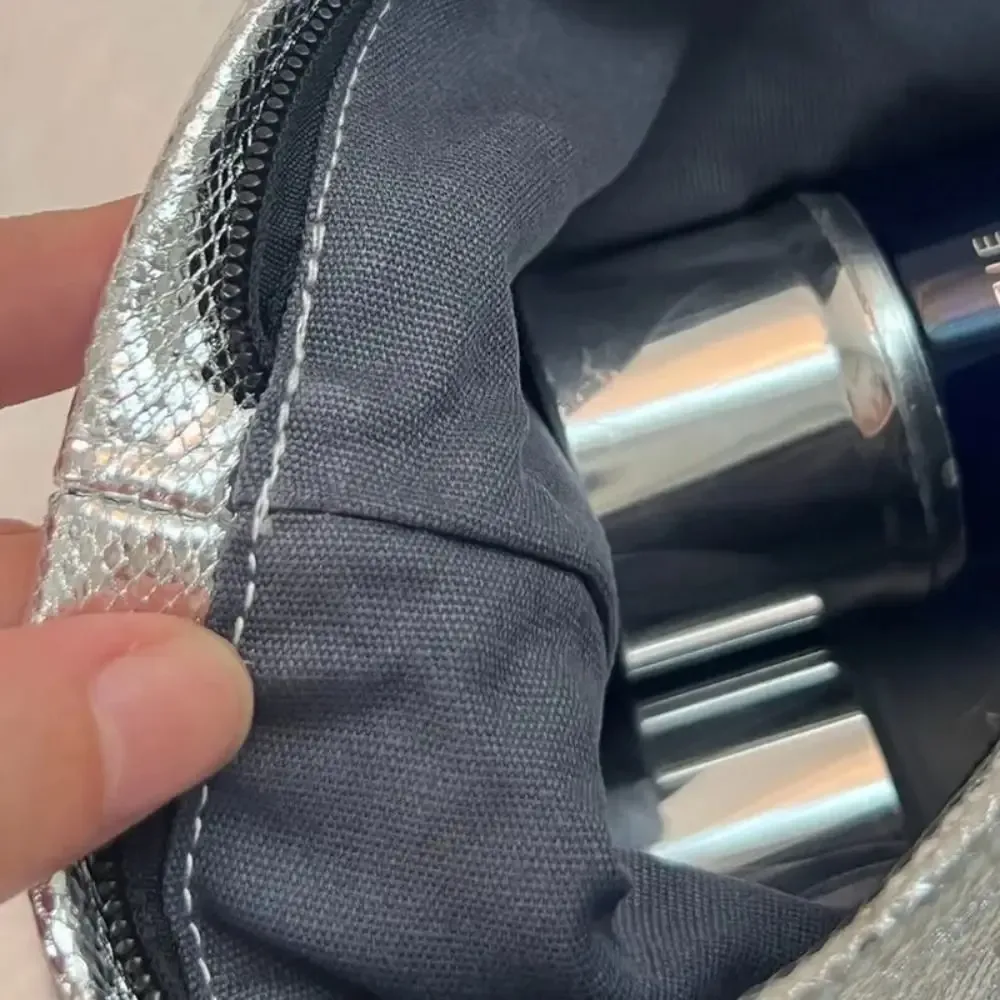 sac de maquillage à paillettes brillantes pour femmes, sac à cosmétiques argenté champagne, couleur unie, sac de rangement pour articles de toilette et soins de la peau