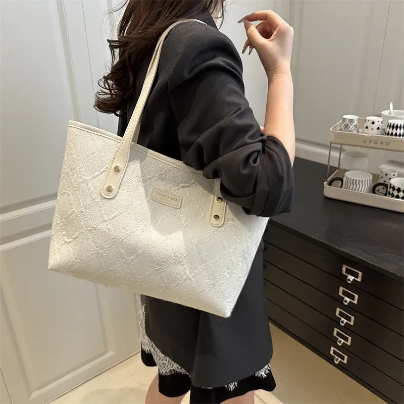 sac fourre-tout minimaliste pour femme, sac à main grande capacité en dentelle élégante avec bandoulière en cuir, sac décontracté à porter sous le bras, idéal pour les trajets quotidiens