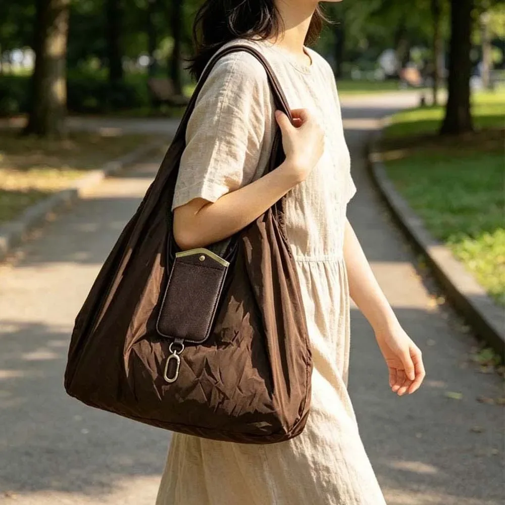 sac fourre-tout porte-clés couleur unie, sac de courses pliable résistant aux déchirures et peu encombrant, étui en similicuir à finition métallique