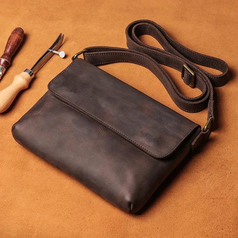 guro-sac messager vintage en cuir véritable pour homme, sac à bandoulière, cuir de vachette cheval, élan, haute qualité, rabat 03, 8 pouces, isub