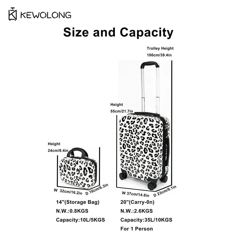 ensemble de bagages 2 pièces à imprimé léopard, valise rigide à roulettes avec serrure et rotation à 360° ° valise de voyage légère à roulettes