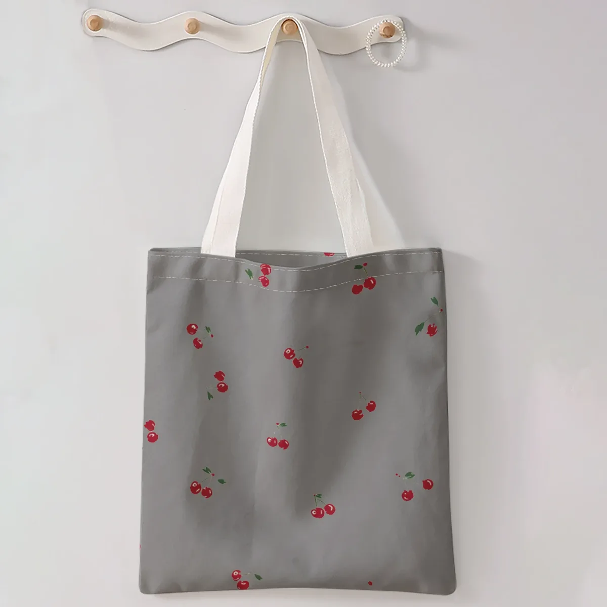 sac à main décontracté imprimé motif cerises, sac à dos réutilisable et tendance, sac à main multifonctionnel, sac de shopping en toile