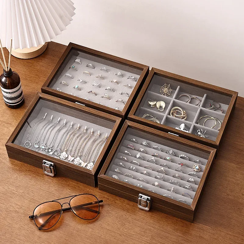 boîte à bijoux motif noyer avec couvercle, étui de rangement pour bagues, boucles d'oreilles, bracelets, chaînes, plateau de présentation en bois dur de style décontracté